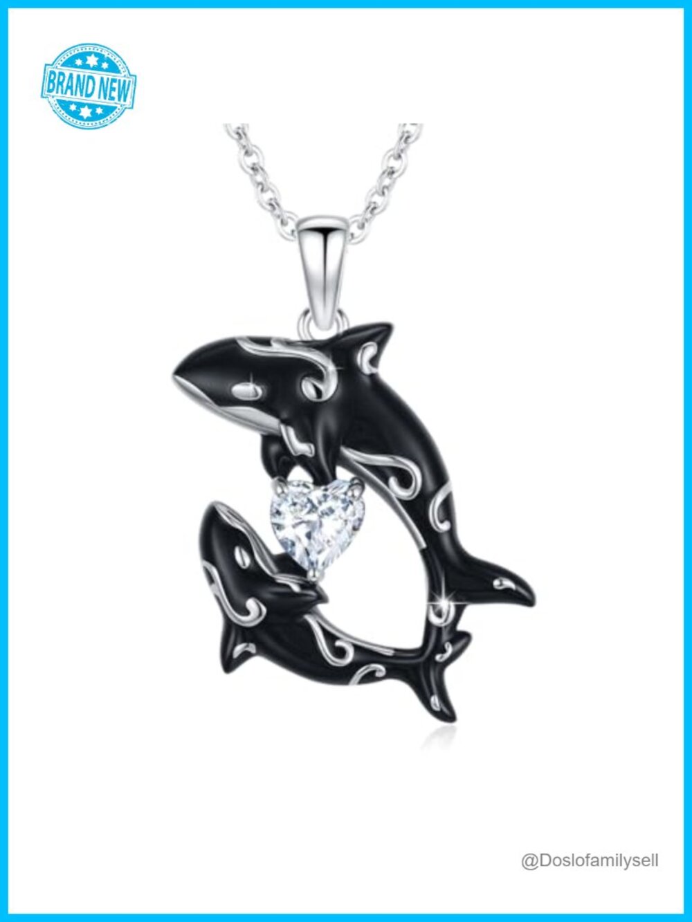 925 Sterling Silver Orca Killer Whale Pendant Necklace Cubic Zirconia